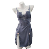Fongt Lace Open-Forked Bow Pajamas 2025 New Sexy Thin Sling Ice Ribbon Women's Sleeping Skirt With Chest Cushion