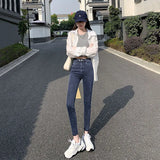 Fongt New Fall 2024 Model Wears High-Waist Elastic Tights, Pencil Pants, Blue And Gray Jeans, Children's Clothes-Outfit