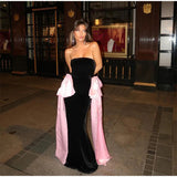 Black Strapless Large Pink Sides Bow Maxi Dress-Outfit