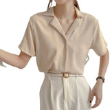 Fongt Spring And Summer College Style Retro Korean Version Of Professional Suit Collar Turn Students Short Sleeve Shirt Female Pure Color Top
