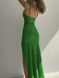 Cowl Neck Split Satin Maxi Dress-Outfit