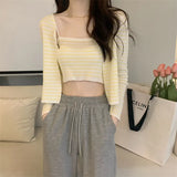 Fongt Summer New Fashion Temperament Sexy Knitted Striped High-Waisted Sling + Long-Sleeved Open-Shirt Two