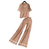 Fongt Version Of Retro Fashion Collar Collar Short-Sleeved Knitting Top + High-Waisted Casual Broad-Legged Trousers 2025 Summer Set