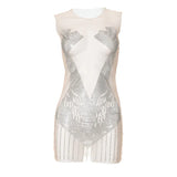 Fongt Women's Summer New Round-Neck Sleeveless Splicing Mesh Mesh Sexy Hollow Hot Diamond