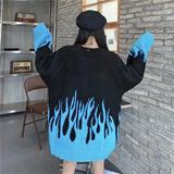 Winter Autumn Sweater Women Men Casual Long Sleeve Blue Flame Oversized Pullover Sweater Loose Boyfriend