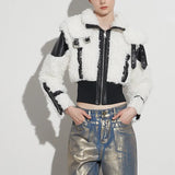 Fongt Wind Coat 2024 Winter New Premium Sense Lapel Lamb Wool PU Leather Splicing Female Short Coat-Outfit