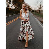 Cover Up BOHO Holiday Beach Dress Ladies Party Maxi Sleeveless Backless Vintage Split Black White Floral Printed