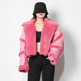 Fongt Integrated Thick Coat Female 2024 New Lapel Solid Color Stitching Lamb Wool Short Jacket Female-Outfit