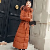 2024 Winter Tie Long Padded Clothes Korean Version Over The Knee Thick Warm Hooded Solid Color Big Wool Collar Down Cotton Suit-Outfit