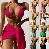 2025 New Swimsuit Bareback Sexy Solid Color Bikini Net Skirt Bikini Three-Piece