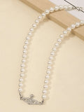 Planet Detail Faux Pearl Necklace-Outfit