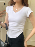 T Shirts Women 2024 Summer Slim Solid Basic Tees Top Casual T-shirt for Womans Korean Sexy Female V Neck Tshirts Tops-Outfit