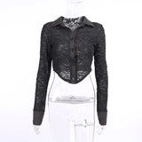 Turn Down Collar Jacquard Women Cropped Blouse Button Long Sleeve Black Basic Sexy Autumn Irregular Fashion Lady