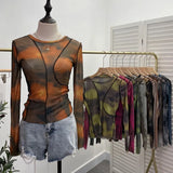Sunset Sun Dyed Elastic Mesh Yarn T-Shirt Stacked With Long-Sleeved Top Press Line T-Shirt