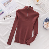 Office Lady Front Zipper Slim Knitted Sweater Long Sleeve Stand Collar Solid Casual Pullover 2021 Autumn Winter New