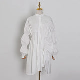 Drawstring Elegant Dress For Women Stand Collar Puff Sleeve Casual Loose Dresses Female Fashion New Spring