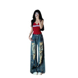 Fongt Retro Hottie Languid Wind Ripped Jeans Women Summer Design Feel To Do Old Dirty Tug Trousers