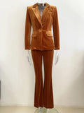 STREET Newest 2023 F/W Designer Suit Set Women's Single Button Velvet Blazer Flare Pants Set
