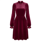 Fongt 2024 Winter New Women's Casual High Collar Velvet Solid Color Waist Dress-Outfit