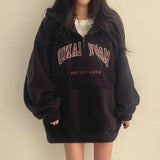 Vintage Embroidery Letter Half Zip Up Hoodie-Outfit