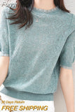 Patchwork T Shirt Women Thin Knitted Tshirt Summer Tops Tee Shirt Femme Short Sleeve T Shirts Womens Clothes Camiseta