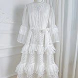 Fongt Elegant Gentle Wind Horn Sleeve Hollow Lace Splicing Cake Dress Women's Waist Thin Temperament