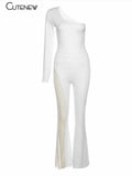 Sexy Mesh Patchwork One Shoulder Playsuits Women Elegant Solid Skinny Flare Pants Jumpsuit Fashion Lady Party Streetwear-Outfit