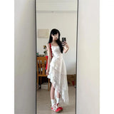 Fongt Korean Holiday Style White Lace Splicing Sling Dress Women's 2025 Summer Irregular Cake