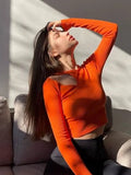 Fongt 2023 New Thread Long-Sleeved Top Women's Hollow Off-Shoulder Round Neck Short T-Shirt Tight Show Thin Direct-Outfit