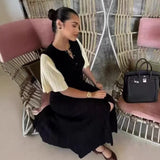 Fongt Elegant Knitted Dress Round Collar Single Buckle Horn Sleeve Fishtail Dress Medium Long Dress