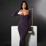 Solid Long Flared Two-piece Crop Sleeve Midi Dress-Outfit