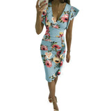 Fongt New Multi-Color Printing Dress V Collar Lotus Edges Sexy High-Waisted