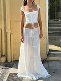 Fongt Summer Fashion New Square Tie Lace Splicing Top + Half-Dress Casual Holiday Suit