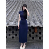 Fongt Chinese Style Improved Cheongsam Dress Women's Summer Small Temperament Chic Country Style Blue Bag Hip Long