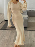 Women Knitted Long Dress Long Flare Sleeve Backless Tie-up Round Neck Solid Color Ruffles Hem Dress Beachwear Vestido-Outfit
