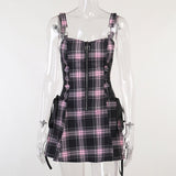 Dark Pastel Gothic Harajuku Pink Women Mini Dresses Plaid Mall Goth Grunge Punk Black Emo Sexy Partywear Lace Up Club
