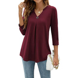 Color Five Yards A Large Number Of Burst Seven-Point Sleeve Solid Color V-Neck Buckle Folded T-Shirt Top