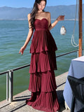 Red Layered Strapless Midi Dress-Outfit