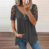 Hollow Out Zipper T-shirt V-neck Summer Blouse Women 2023 Short Sleeve Casual Sexy Shirt Solid Diamond Bottom Tops