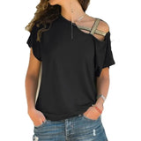 Women Skew Neck Irregular Criss Cross Blouse Patchwork Solid Tops Blusa Femme One Shoulder Summer Shirt Hollow Plus
