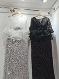 Light Luxury High Grade Women's Dress Set with Folded Waist, Top, Belt, Sequin Half Dress Two Piece Set-Outfit