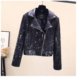 and winter new 2020 slim and versatile sequins stitching washed PU leather women's short Motorcycle
