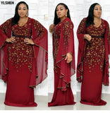 New African Dresses for Women Dashiki Diamond African Clothes Bazin Broder Riche Sexy Slim Ruffle Sleeve Robe Evening Long