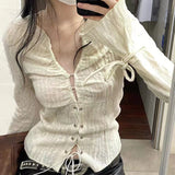 Vintage V-neck Lace Up Shirts Women Spring Sexy Slim Fit White Blusas Mujer Y2k Grunge Long Sleeve Blouses Tops-Outfit