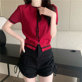 Fongt Fragrant Neckline With Black Thin Knitted Short-Sleeved T-Shirt For Women 2023 New Summer Short Ice Silk