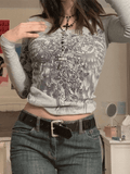 Floral Rhinestone Long Sleeve Crop Top-Outfit