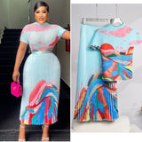 Fongt Fashion Set Women's Summer French High-Grade Folding Print Short-Sleeved Top + Loose A Word 100-Fold Long Skirt
