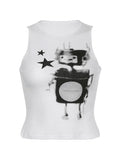 Pixel Robot Star White Cropped Tank Top-Outfit