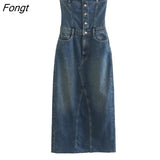Front Split Hip Wrap Women Denim Dress Elegant Slim Fit Female Sexy Strapless Dress Buttons Bodycon Midi TRAF