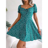 Women Summer Print A-Line Dress Shrinkage Design Bandage Decor Square Collar Flare Sleeve High Waist Slim Mini